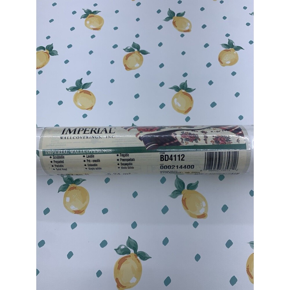 Vintage Wallpaper Citrus Lemons Green Leaves Fruit on White Background.
